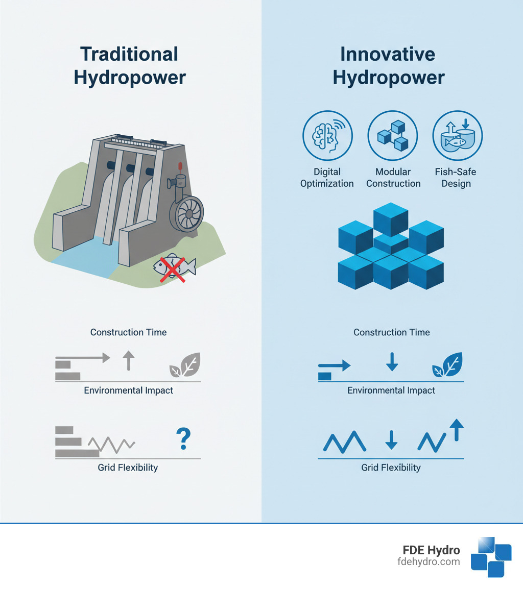 Infographic comparing traditional hydropower with innovative approaches including digital optimization, modular construction methods, fish-safe turbine designs, and pumped storage systems showing reduced construction time, lower environmental impact, and enhanced grid flexibility - hydropower innovation infographic 