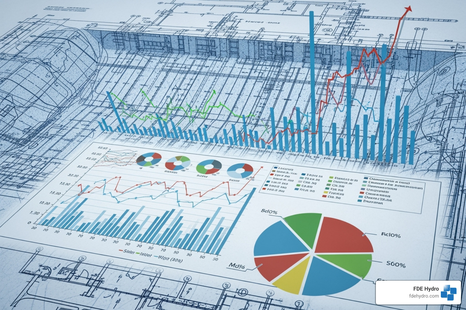 financial charts and graphs over a dam blueprint - hydropower project costs