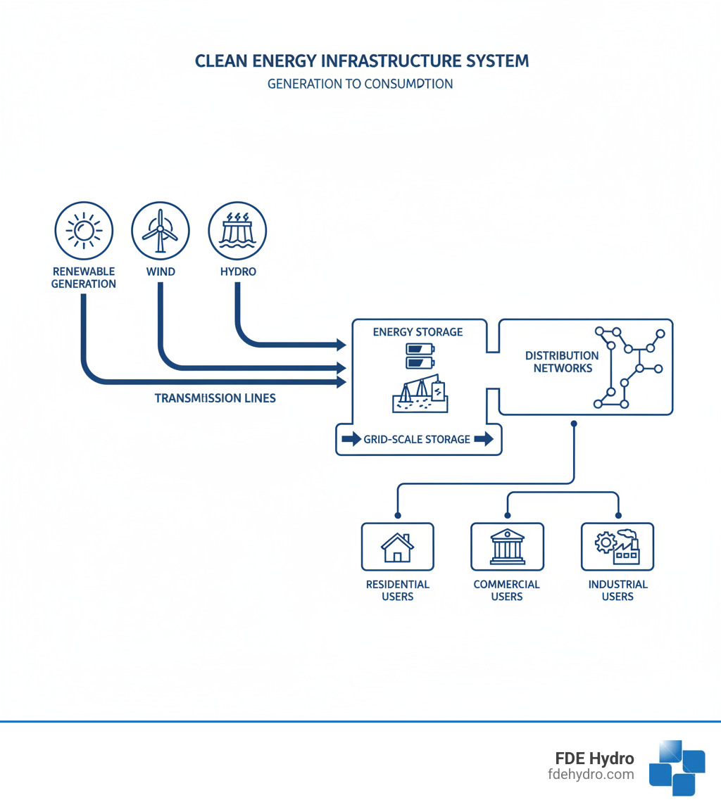 Infographic showing the complete clean energy infrastructure system: renewable generation sources (solar, wind, hydro) feeding into transmission lines, then to energy storage facilities, and finally to distribution networks serving residential, commercial, and industrial users, with arrows indicating bidirectional flow for grid-scale storage - clean energy infrastructure infographic 