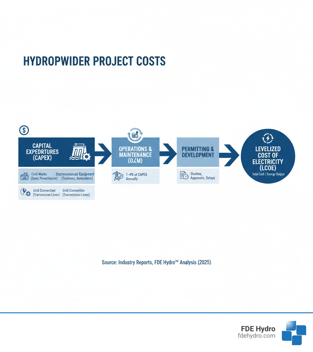 Infographic showing the breakdown of hydropower project costs: Capital Expenditures (CAPEX) including civil works, electromechanical equipment, and grid connection; Operations and Maintenance (O&M) costs as percentage of CAPEX; Financing costs and the impact of cost of capital; Permitting and development expenses; and how these combine to determine the Levelized Cost of Electricity - hydropower project costs infographic 