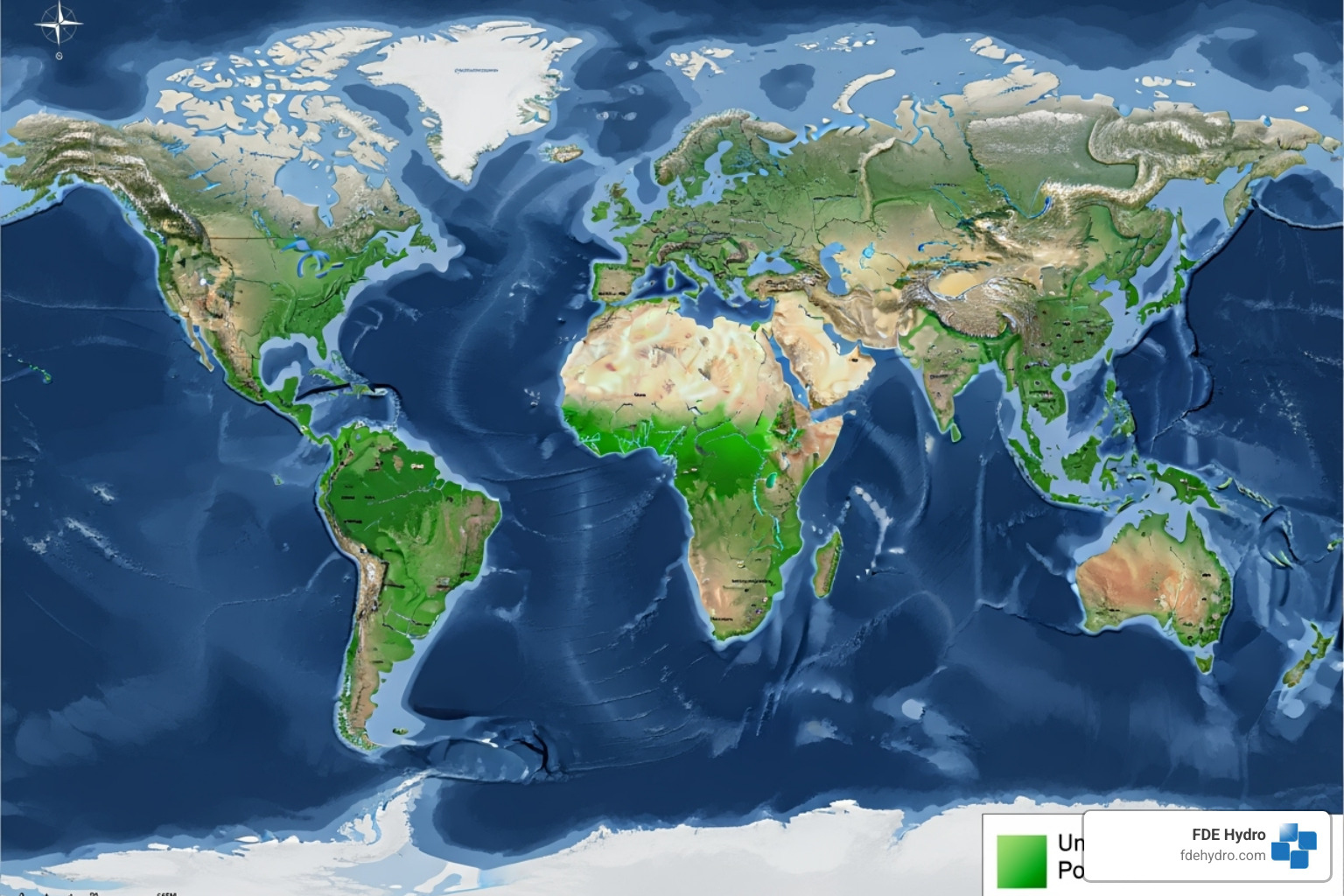 world map highlighting unexploited hydropower potential - hydropower project costs