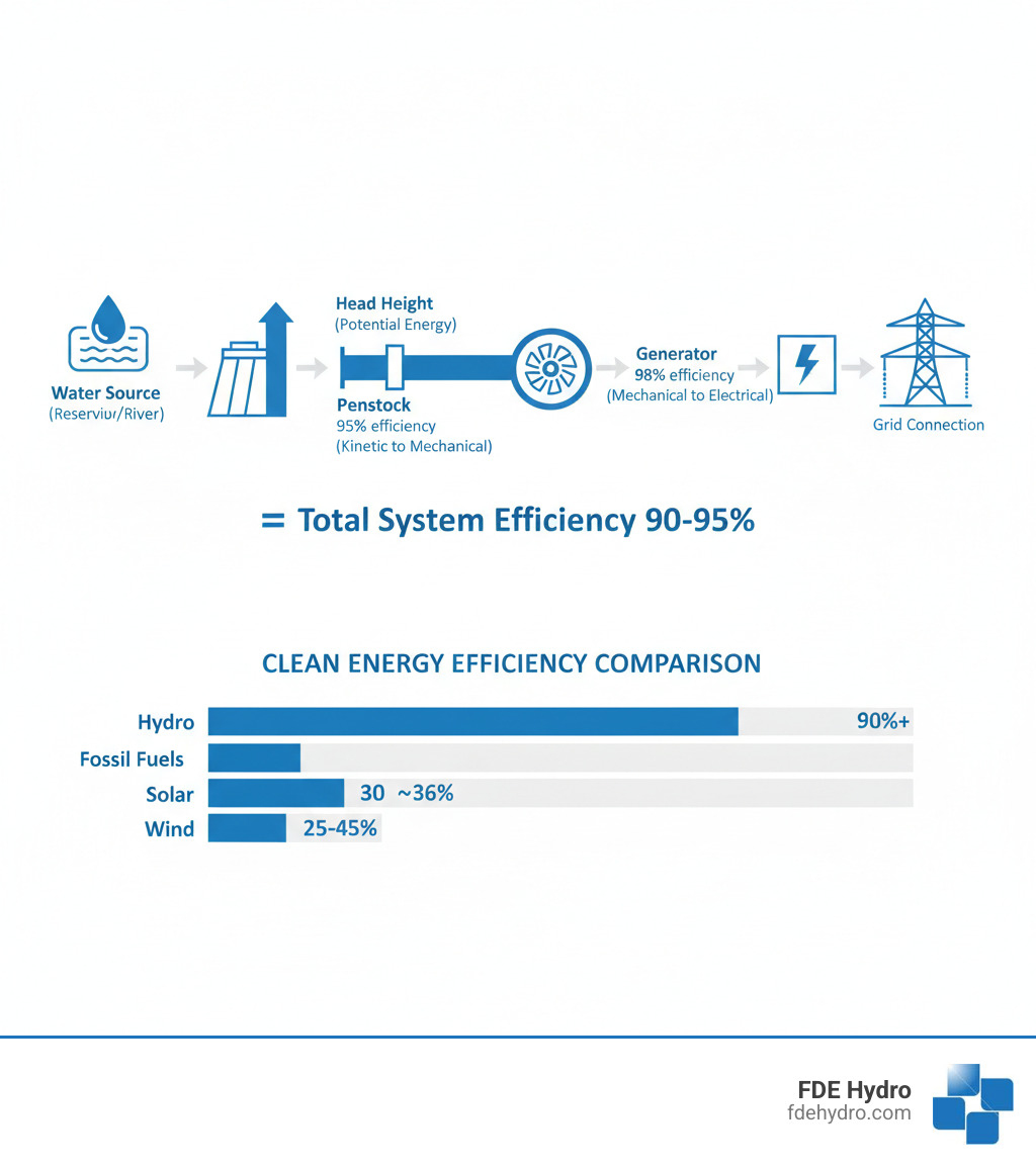 Infographic showing the hydroelectric dam efficiency chain: Water Source (Reservoir/River) → Head Height (Potential Energy) → Penstock (Pressure Energy) → Turbine 95% efficiency (Kinetic to Mechanical) → Generator 98% efficiency (Mechanical to Electrical) → Grid Connection = Total System Efficiency 90-95%. Includes comparison bars showing hydropower at 90%+ versus wind at 25-45%, solar at 30-36%, and fossil fuels at 60%. - hydroelectric dam efficiency infographic 