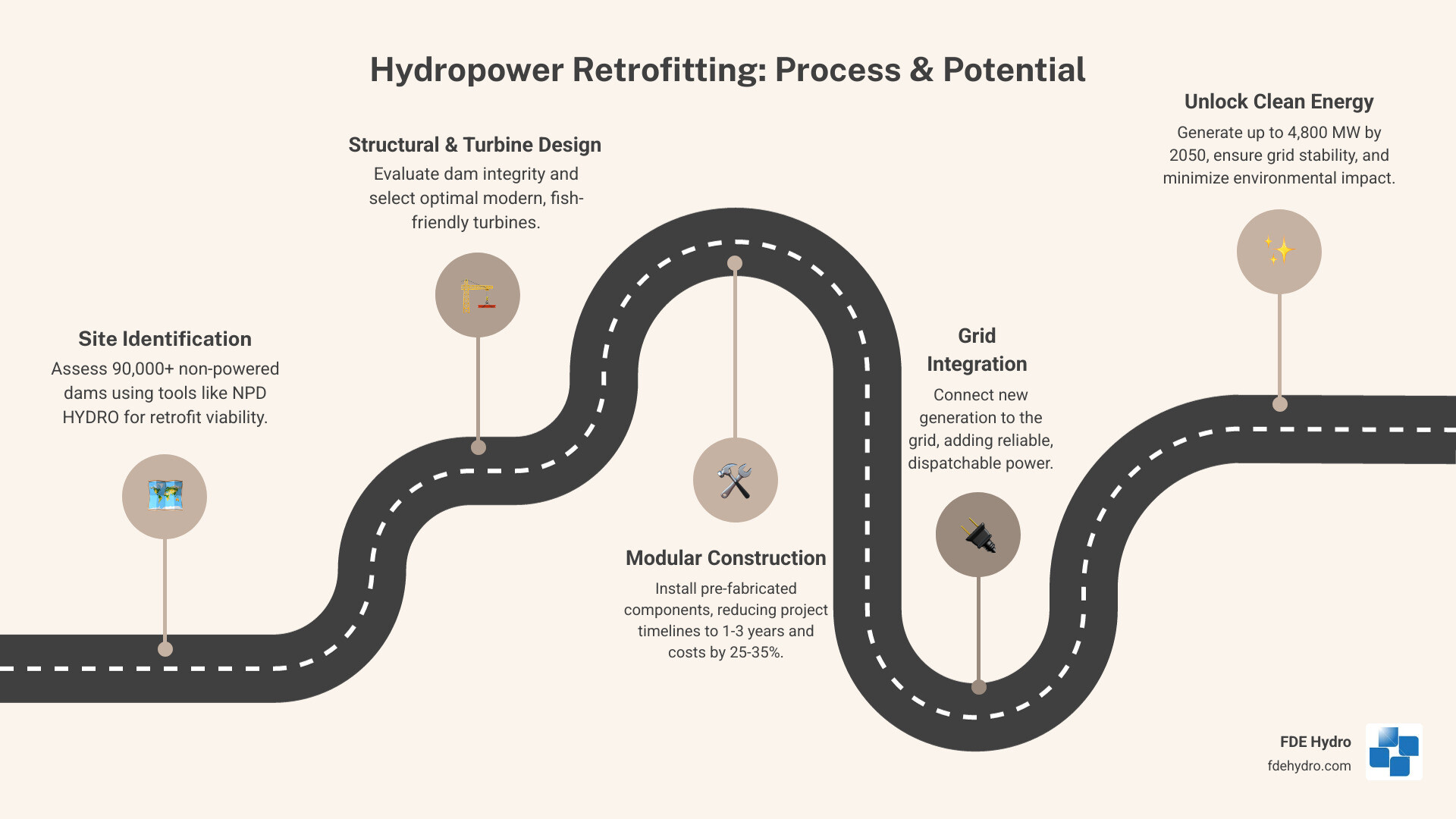 Infographic showing the process and benefits of hydropower retrofitting: Starting with 90,000+ existing U.S. dams, only 3% currently generate power. The retrofitting process includes: 1) Site assessment using tools like NPD HYDRO, 2) Structural evaluation and turbine selection, 3) Modular installation reducing construction time, 4) Grid connection and commissioning. Benefits displayed: 25-35% lower costs than new construction, minimal environmental impact, 4,800 MW potential capacity by 2050, reliable power for grid stability, and support for solar/wind integration. Timeline comparison shows traditional construction (5-10+ years) versus modular retrofitting (1-3 years). - hydropower retrofitting infographic roadmap-5-steps