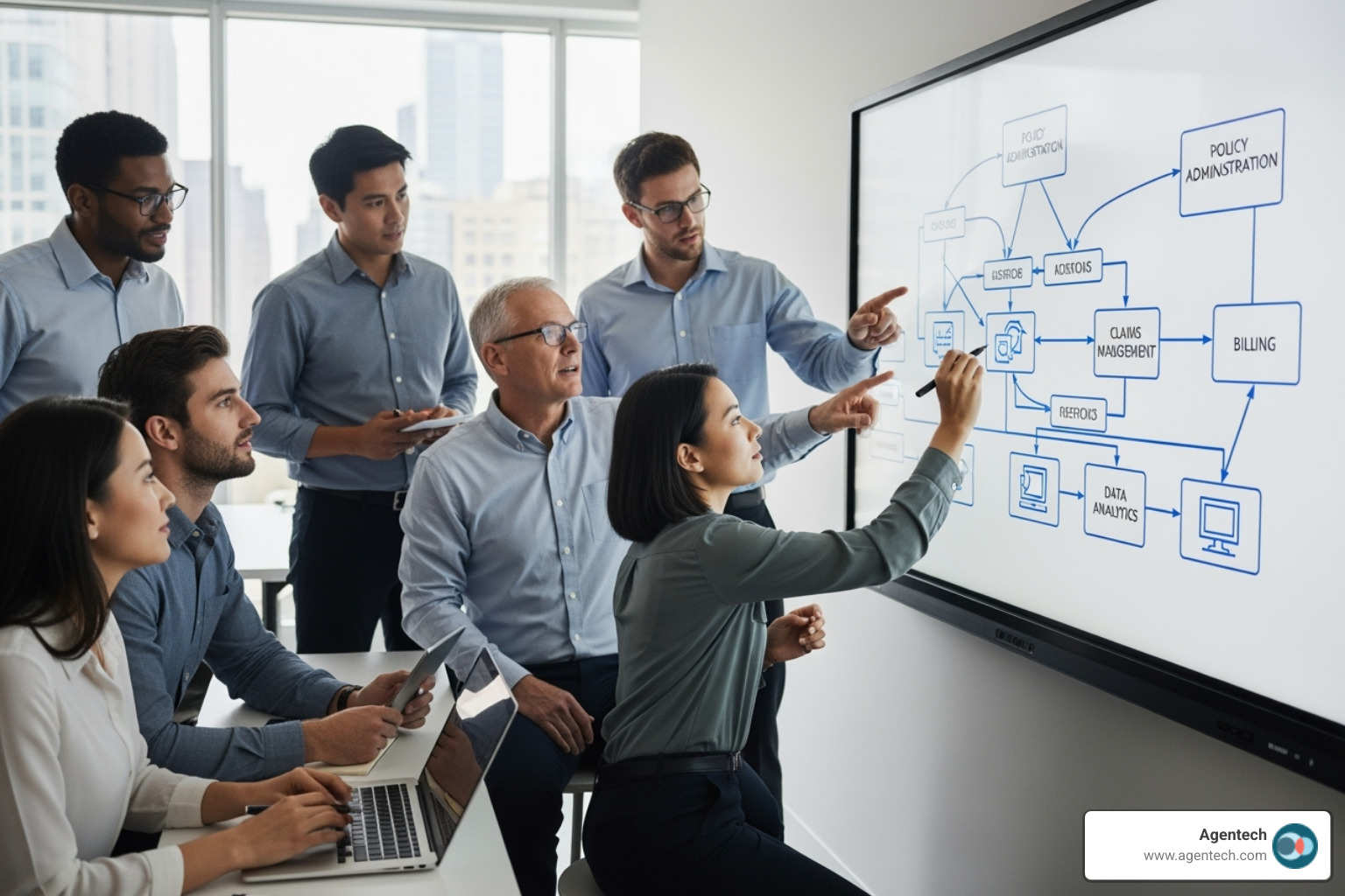 A diverse team of P&C insurance professionals collaborating around a digital whiteboard, mapping out core system architecture and integration points. - core insurance software