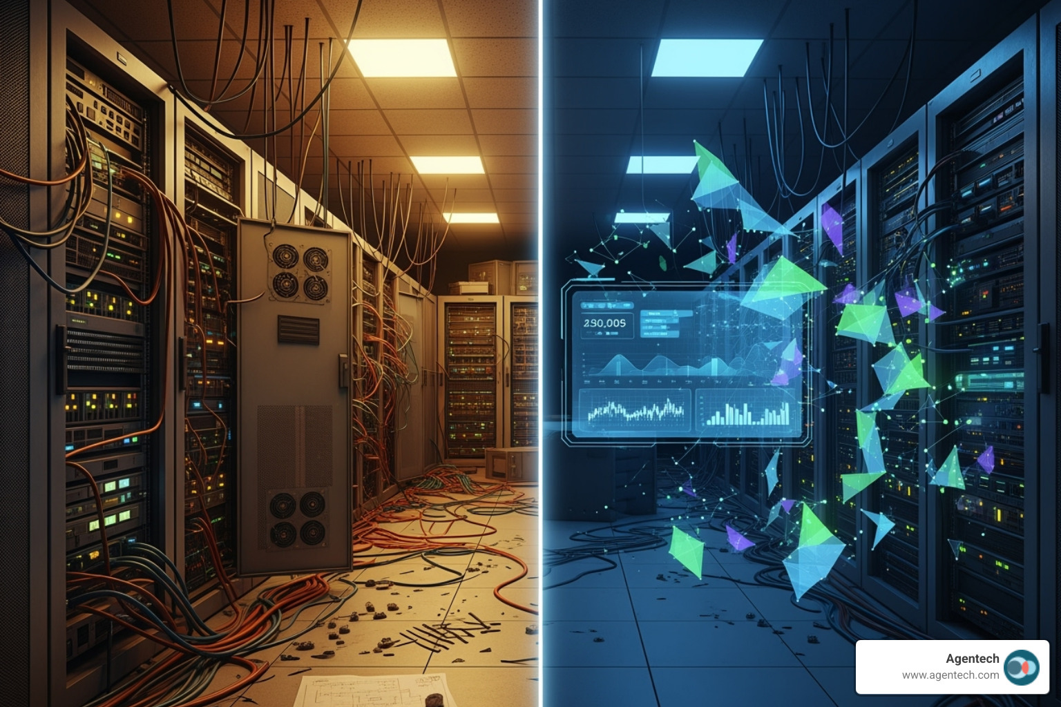 Split screen showing a cluttered server room on one side and a clean, modern cloud computing interface on the other, representing the shift from legacy to modern core insurance systems for P&C carriers. - core insurance software
