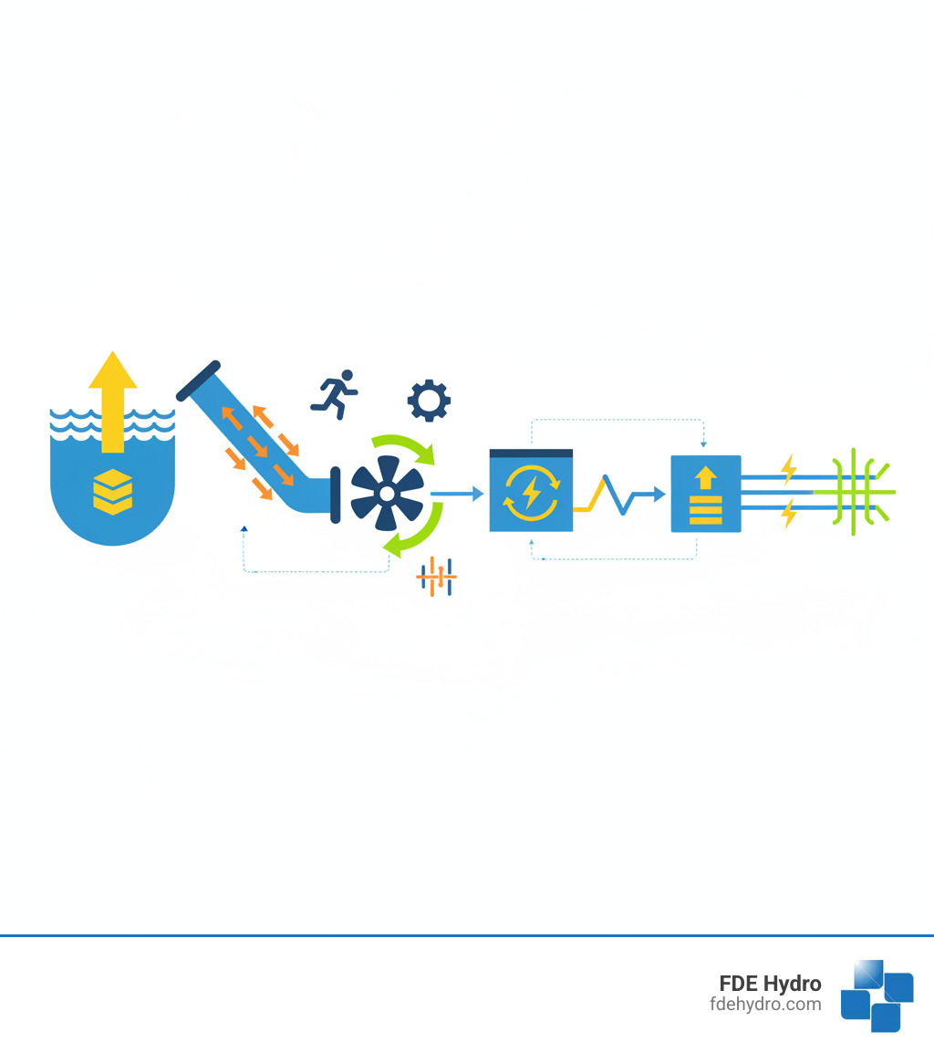Infographic showing the flow of energy conversion in a hydroelectric dam: reservoir stores water at height (potential energy), water flows through penstock (kinetic energy), strikes turbine blades (mechanical energy), spins generator rotor (electromagnetic induction), produces alternating current, transformer steps up voltage, and transmission lines deliver electricity to the grid - hydroelectric dam components infographic 