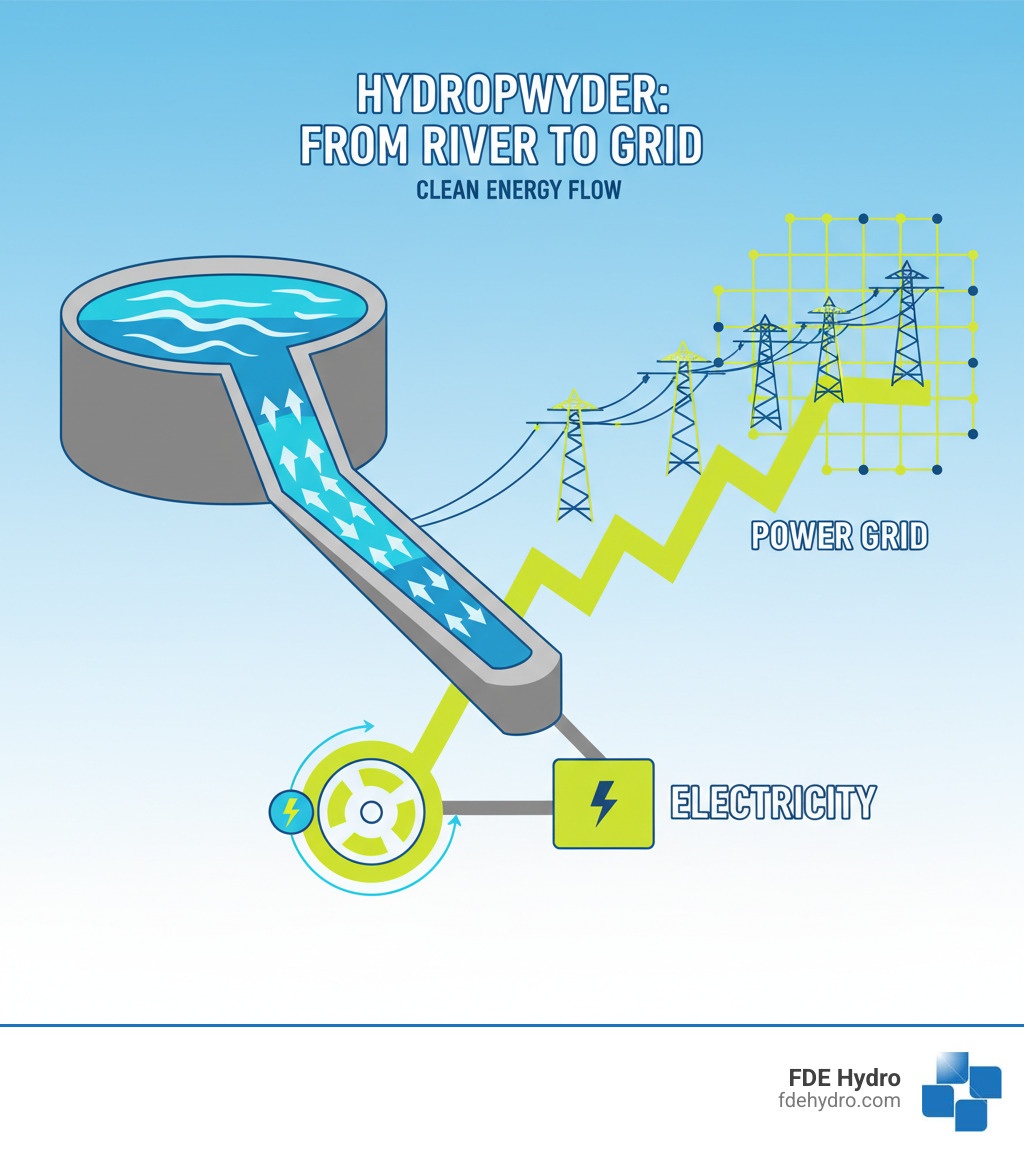 Infographic showing water flowing from reservoir through penstock, spinning turbine connected to generator, producing electricity that flows through power lines to the grid - hydro electric dams infographic 