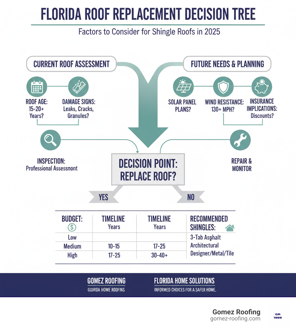 Infographic showing the decision tree for Florida roof replacement: factors to consider including roof age, damage signs, material costs, wind resistance ratings, solar panel plans, and insurance implications, with recommended shingle types for different budgets and timelines - Shingle roof replacement Florida infographic 