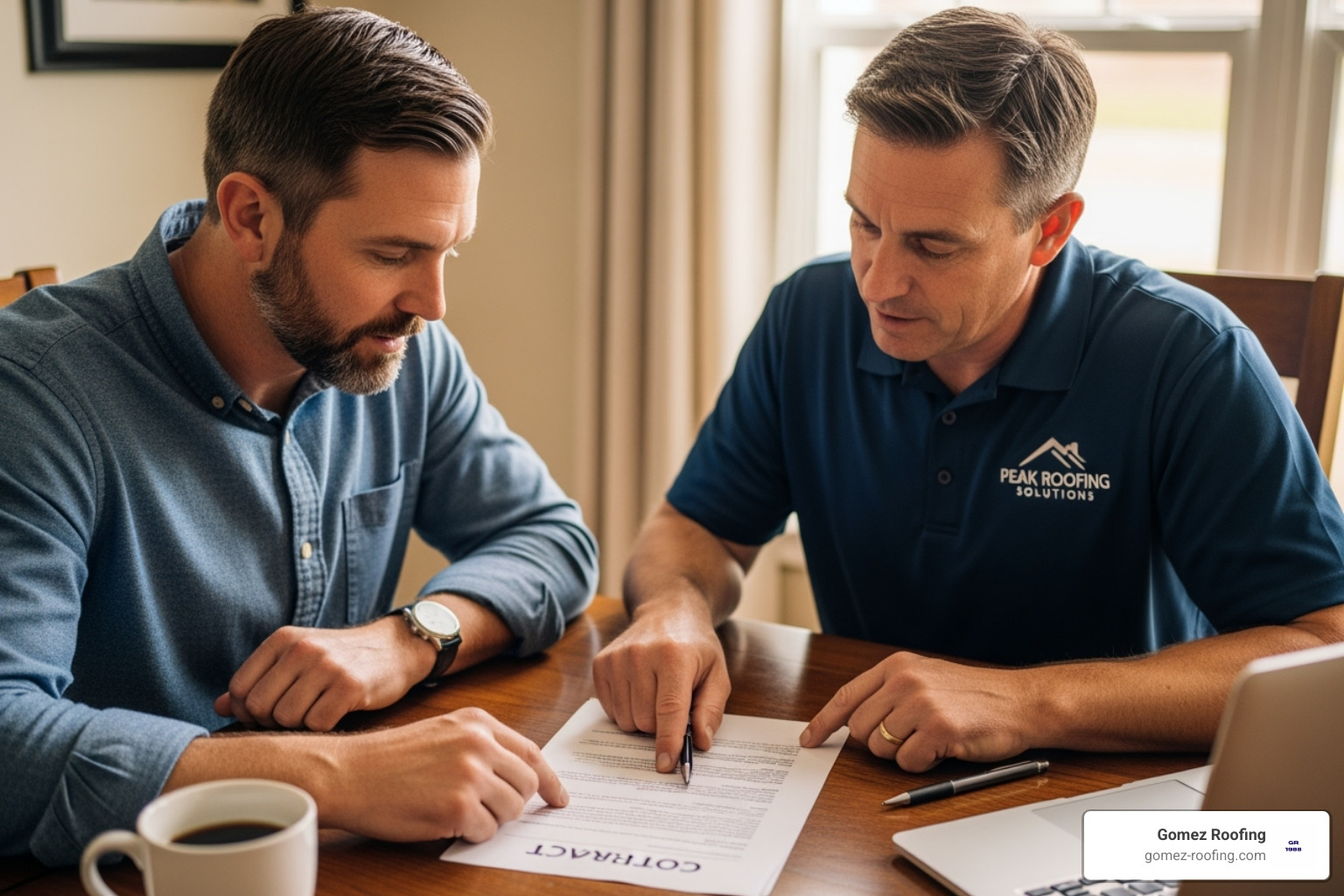 homeowner reviewing a roofing contract with a contractor - pompano beach roofing company near me