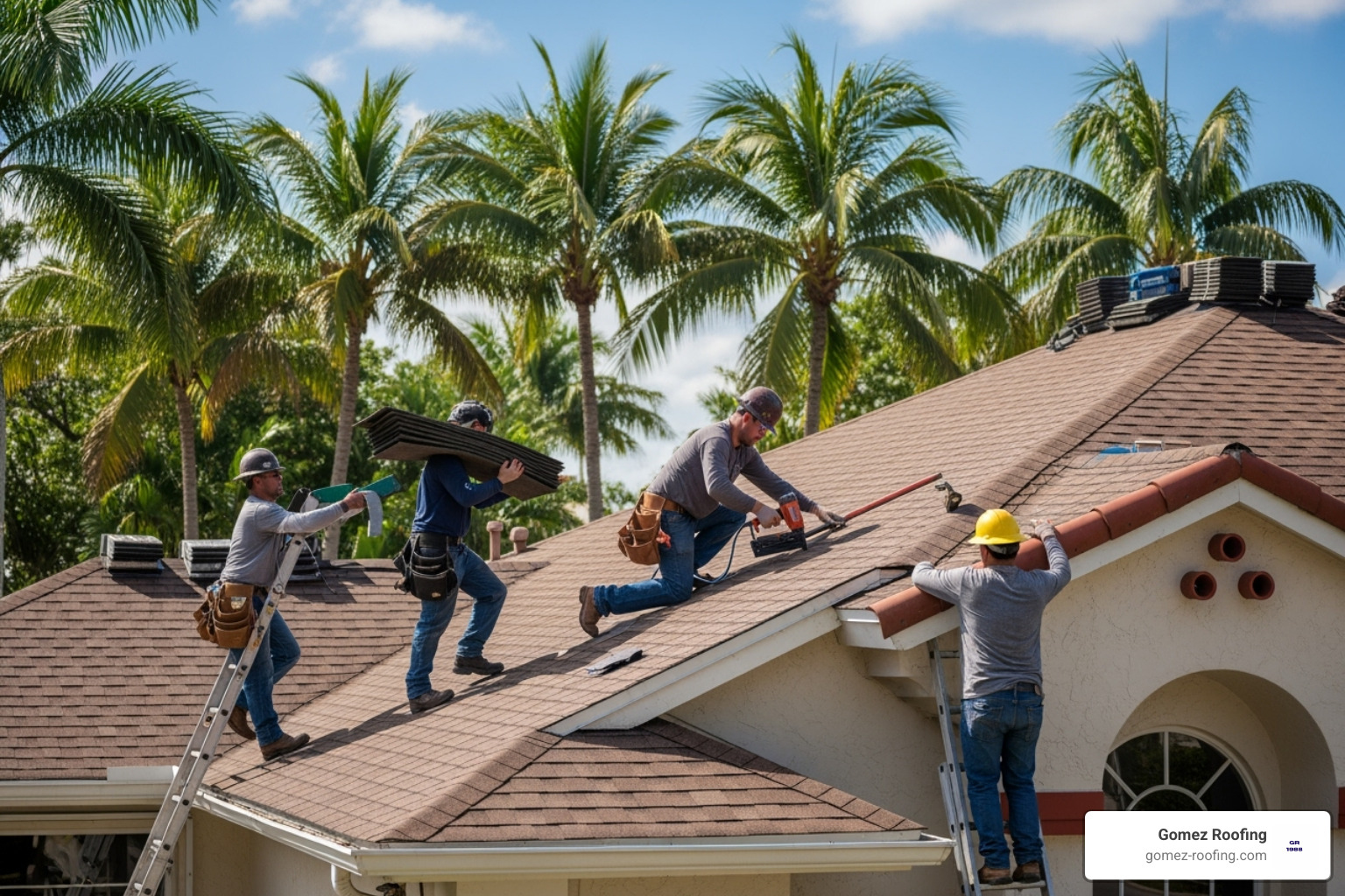roofers working on a residential roof in South Florida - pompano beach roofing company near me