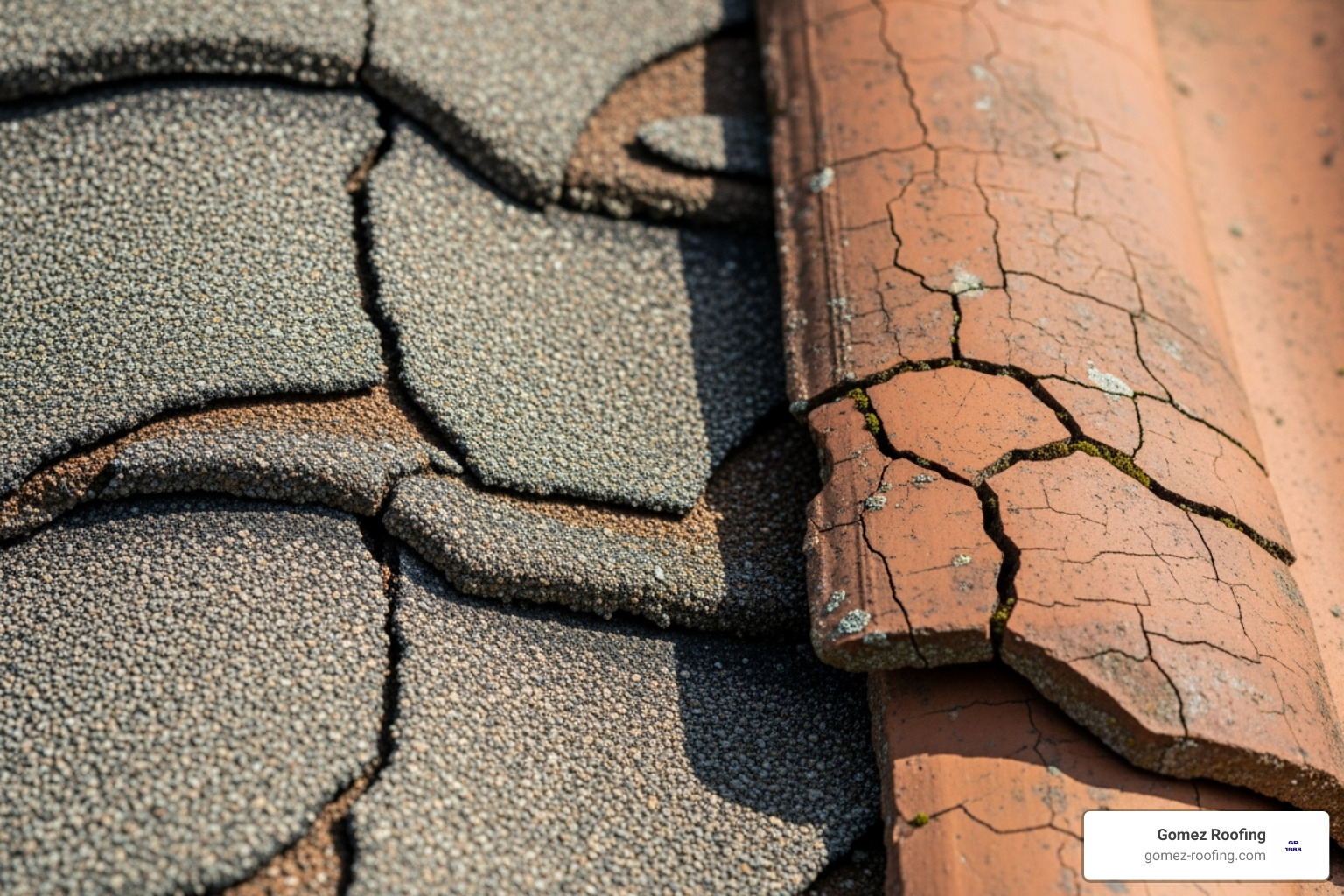 curling, cracked asphalt shingles next to a cracked roof tile - shingle roof tile replacement pompano beach