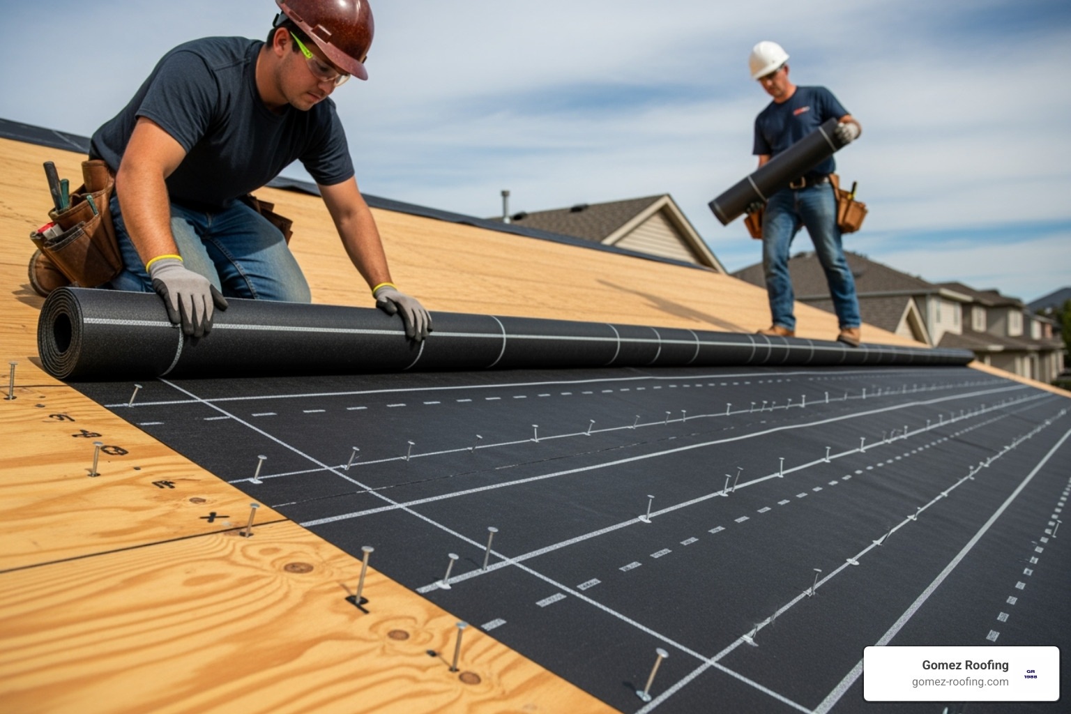 a roofing crew carefully installing new underlayment on a roof deck - ceramic roof tile replacement pompano beach