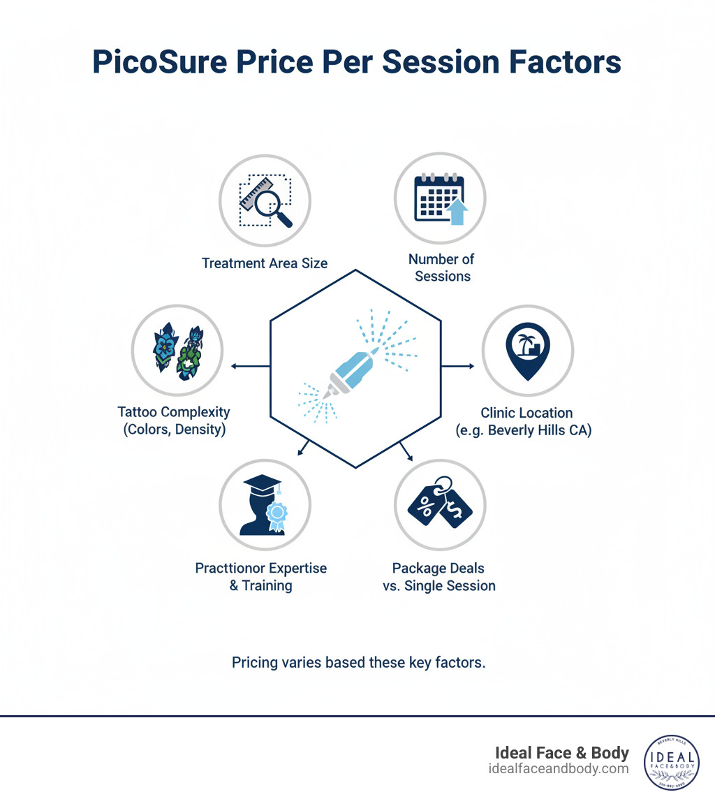 Infographic showing factors affecting PicoSure price per session including treatment area size, number of sessions required, tattoo complexity with ink colors and density, clinic location such as Beverly Hills CA, practitioner expertise and training, and package deals versus single session pricing - picosure price per session infographic 