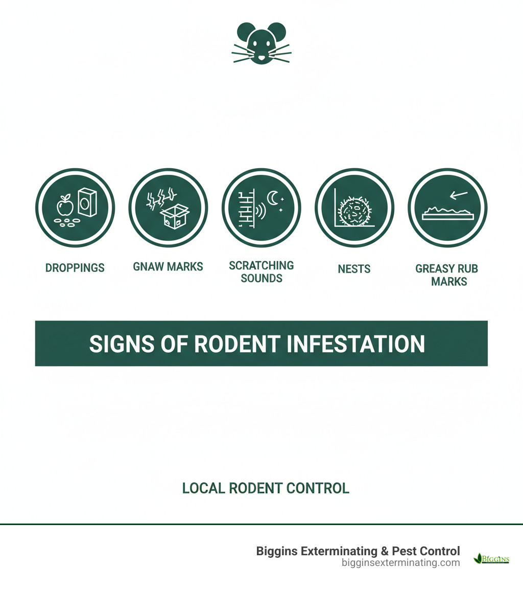 infographic showing five key signs of rodent infestation: droppings near food sources, gnaw marks on wires and packaging, scratching sounds in walls or attic especially at night, nests made of shredded materials in hidden areas, and greasy rub marks along baseboards - Local rodent control services infographic 