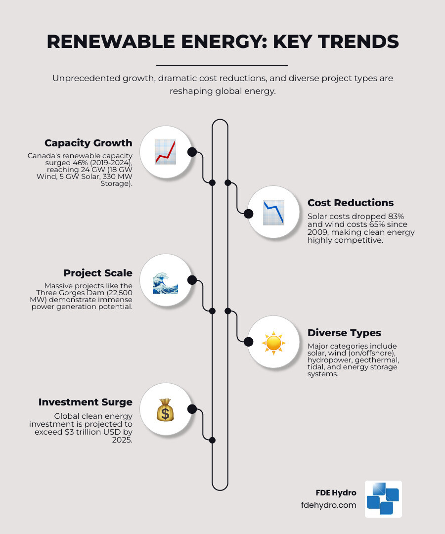 Infographic showing renewable energy capacity growth from 2019-2024, breaking down total installed capacity by type: 18 GW wind, 5 GW solar, 330 MW storage in Canada; global cost reductions of 83% for solar and 65% for wind since 2009; and the major project types including hydropower, solar farms, wind farms, energy storage, geothermal, and tidal power - Renewable energy projects infographic infographic-line-5-steps-elegant_beige
