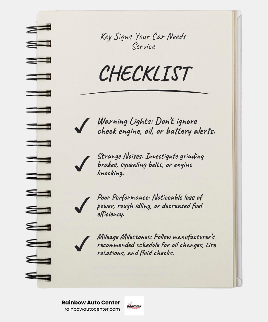 Infographic showing common car service needs: oil changes every 3,000-5,000 miles, brake inspection at grinding or squeaking sounds, tire rotation every 5,000 miles, check engine light diagnosis immediately, collision repair for accident damage, and routine maintenance based on manufacturer schedule - car service hayward ca infographic checklist-notebook