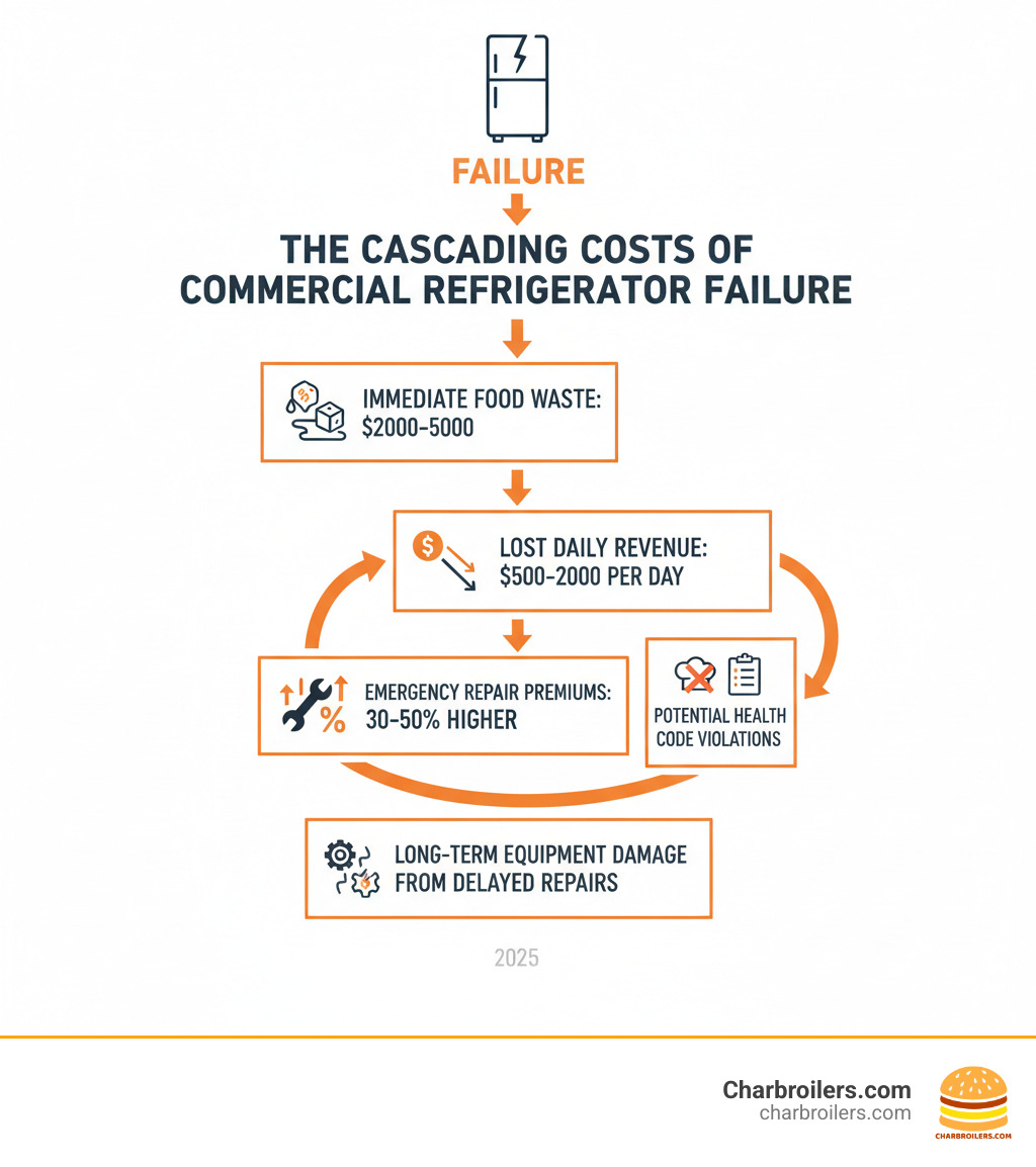 infographic showing the cascading costs of commercial refrigerator failure: immediate food waste ($2000-5000), lost daily revenue ($500-2000 per day), emergency repair premiums (30-50% higher), potential health code violations, and long-term equipment damage from delayed repairs - commercial refrigerator repair infographic 
