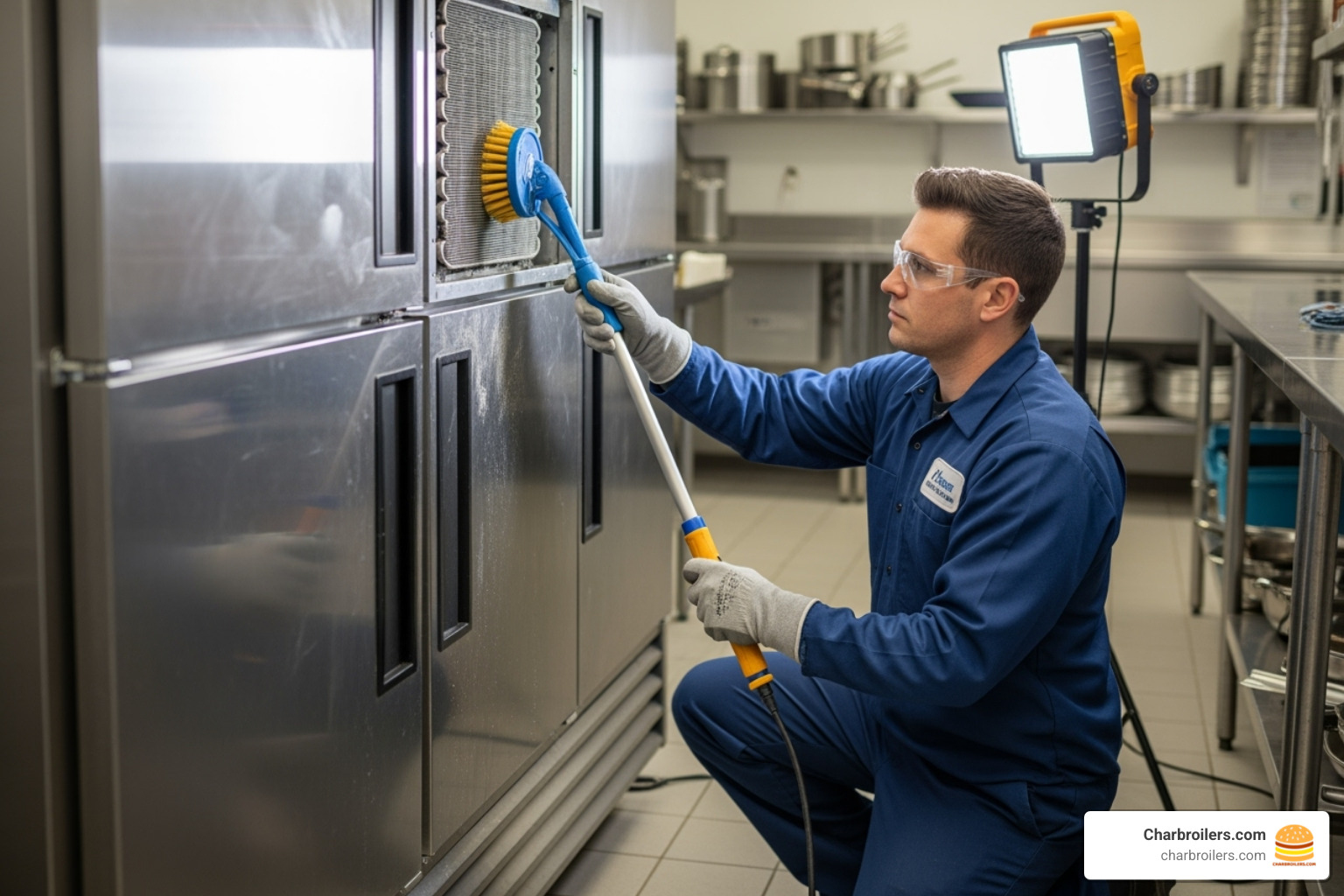 A technician cleaning a refrigerator's condenser coils with a brush - commercial refrigerator repair