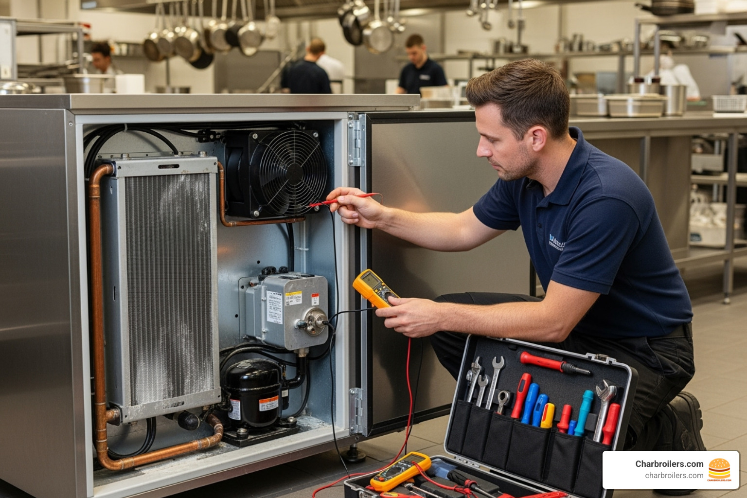A technician inspecting the back of a commercial refrigerator - commercial refrigerator repair