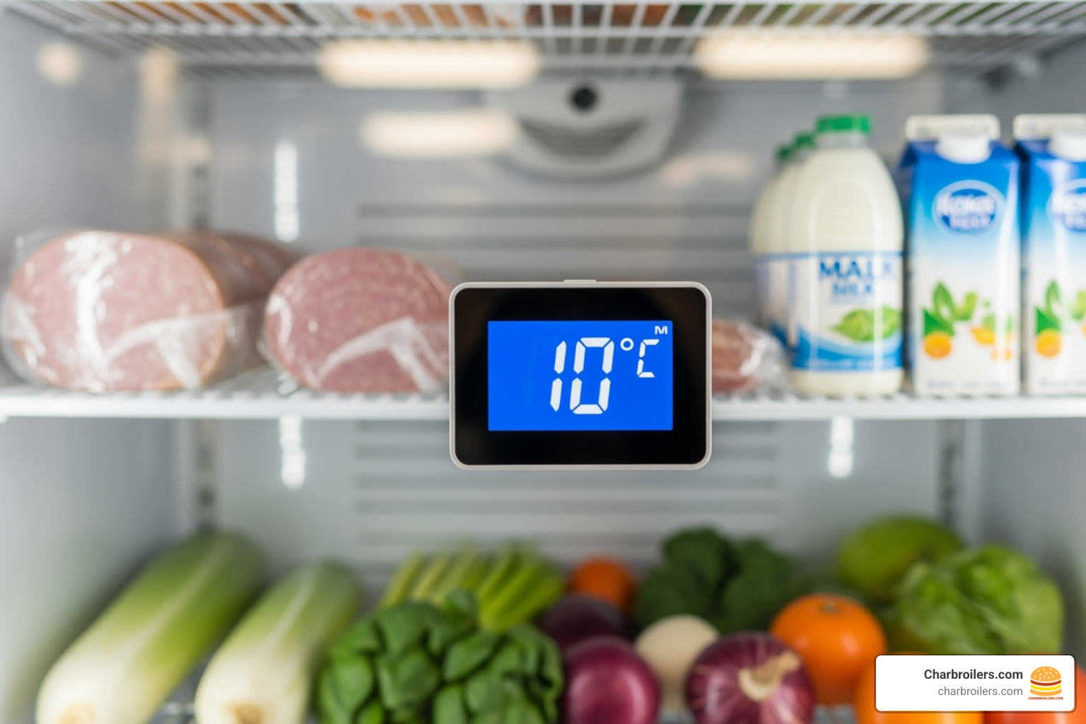 A digital thermometer showing an unsafe temperature inside a commercial refrigerator - commercial refrigerator repair