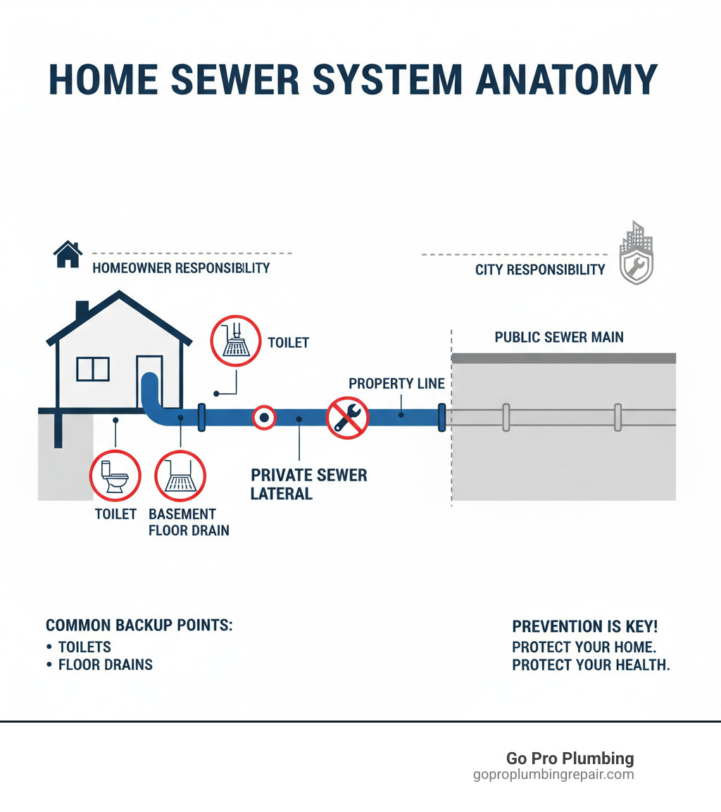 Infographic showing a home's plumbing system with labeled private sewer lateral extending from the house to the property line where it connects to the public sewer main in the street, with clear visual distinction between homeowner responsibility (lateral) and city responsibility (main), including common backup points like basement floor drains and toilets - sewer backup prevention infographic 