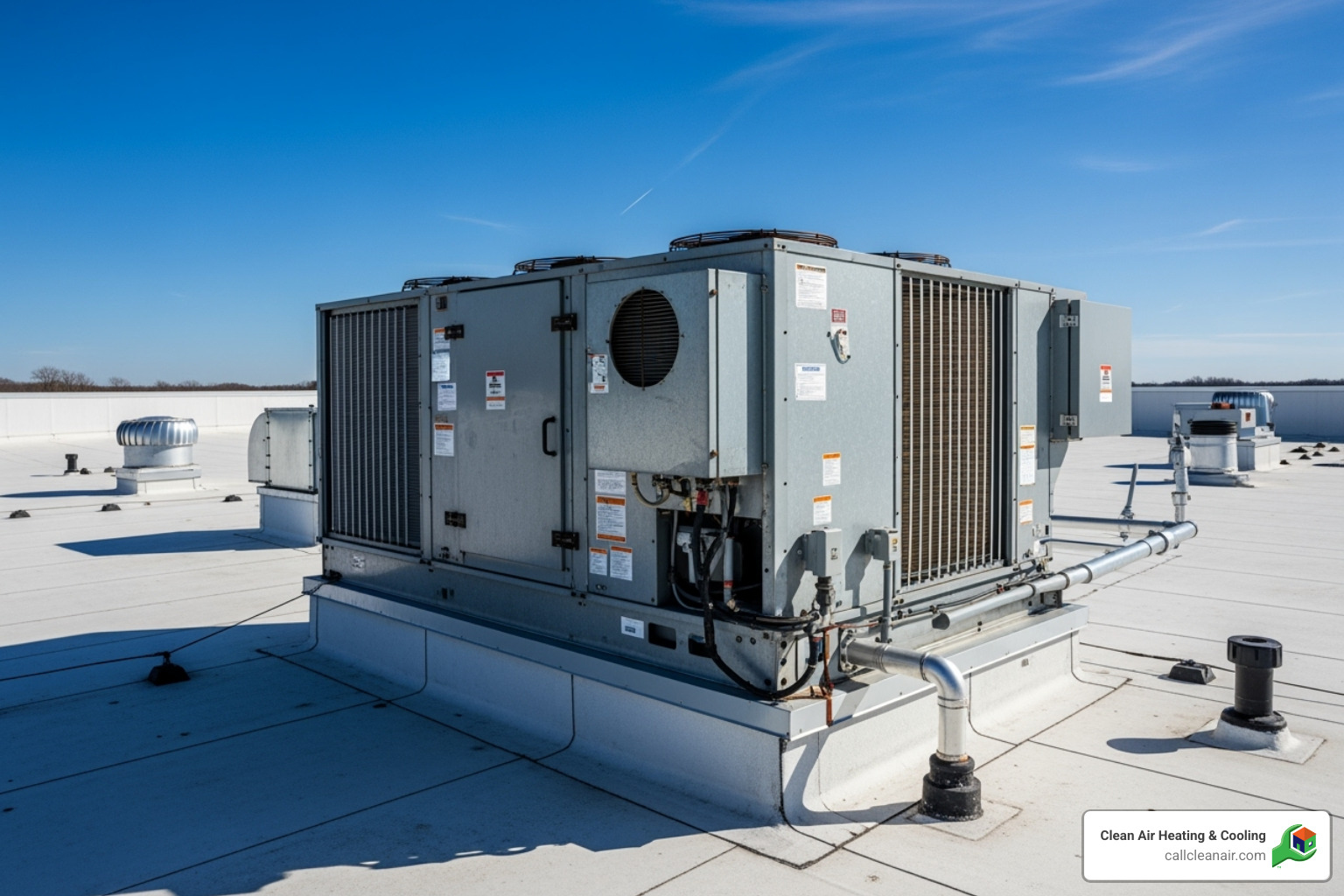 Image of a commercial rooftop unit (RTU) on a clean roof - commercial heating service near me