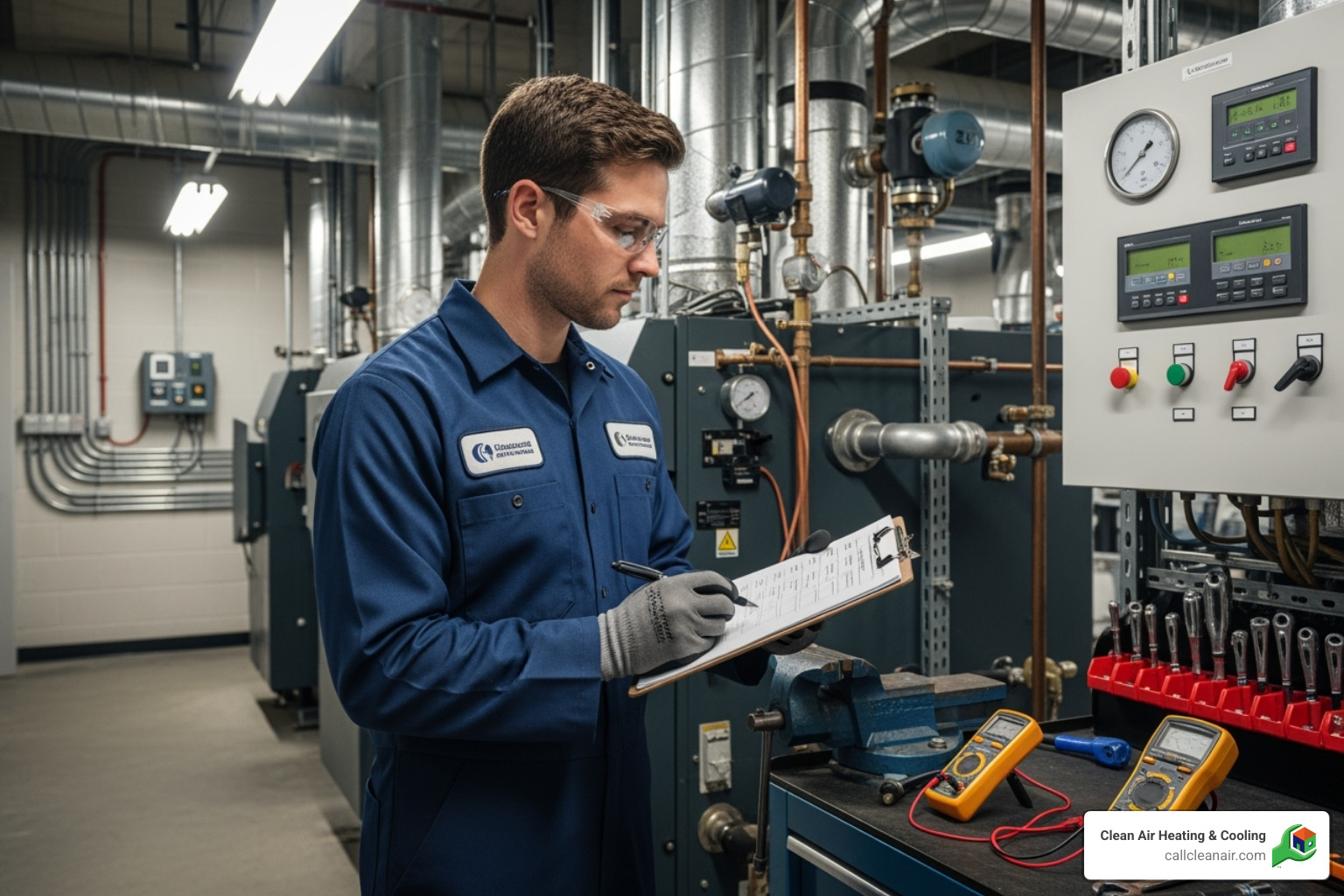 Image of a technician performing a maintenance check with a checklist - commercial heating service near me