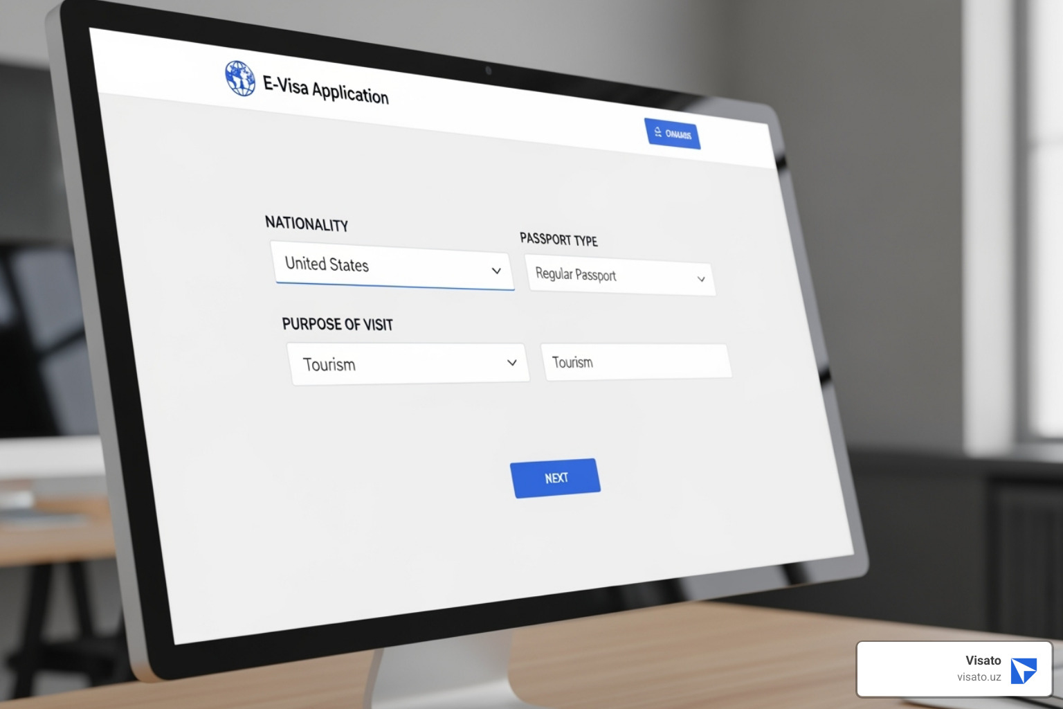 Visato e-visa application homepage showing initial selection fields for nationality, passport type, and purpose of visit. - how to apply for uzbekistan visa online Visato e-visa application homepage showing initial selection fields for nationality, passport type, and purpose of visit. - how to apply for uzbekistan visa online