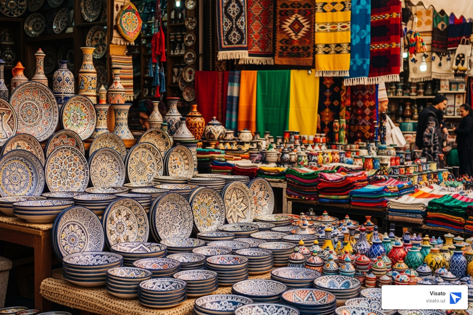 Colorful ceramics and textiles at a local bazaar - things to do in uzbekistan Colorful ceramics and textiles at a local bazaar - things to do in uzbekistan