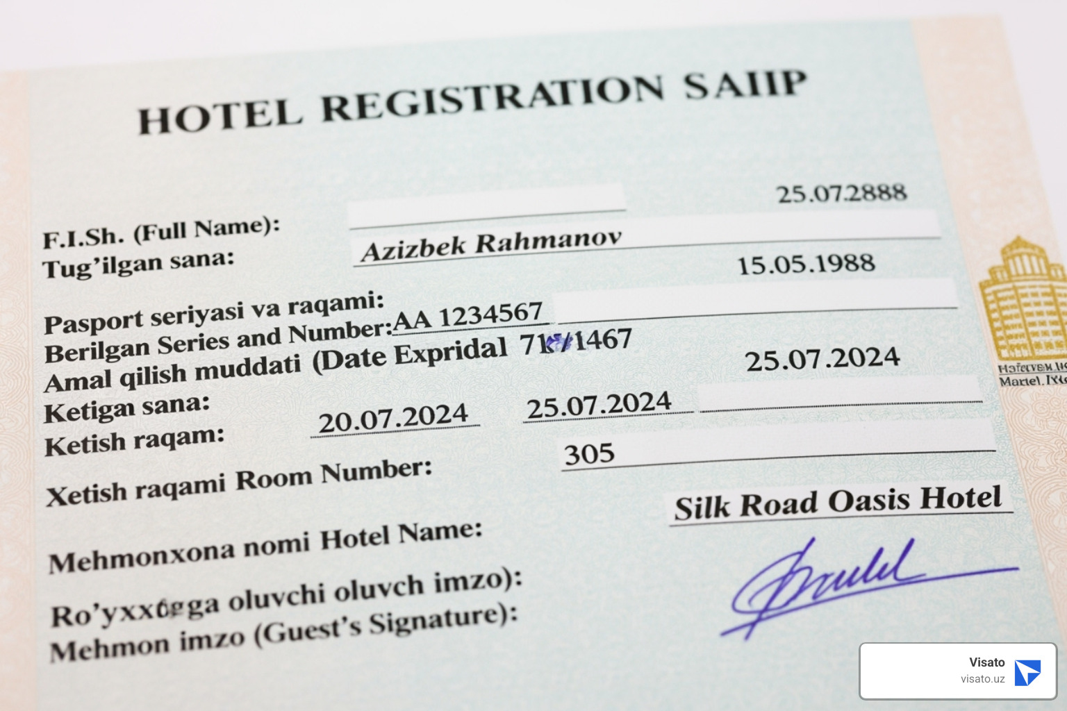 of an Uzbek registration slip from a hotel - uzbekistan visa application of an Uzbek registration slip from a hotel - uzbekistan visa application
