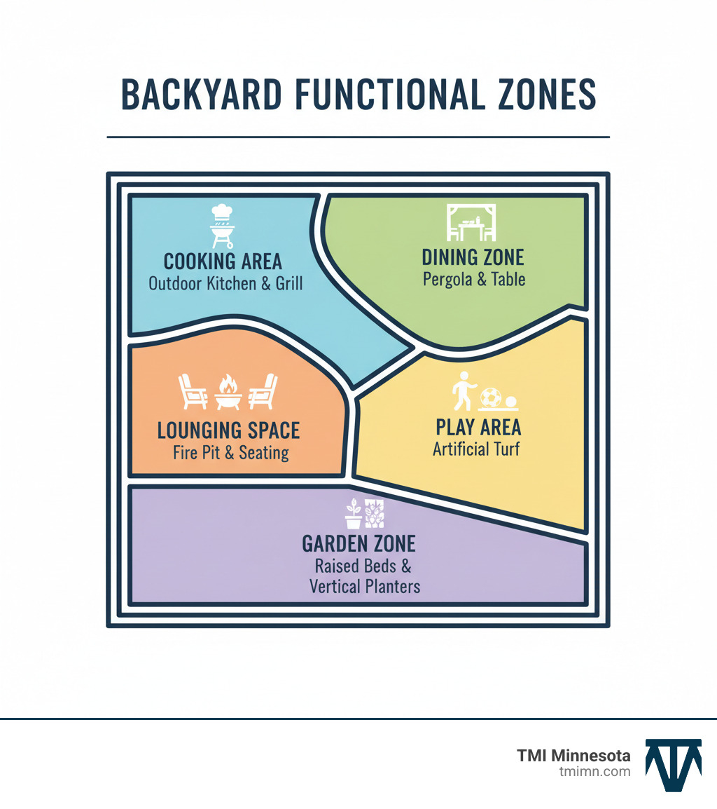 infographic showing a backyard divided into functional zones: cooking area with outdoor kitchen and grill, dining zone with pergola and table, lounging space with fire pit and seating, play area with artificial turf, and garden zone with raised beds and vertical planters - innovative backyard ideas infographic 