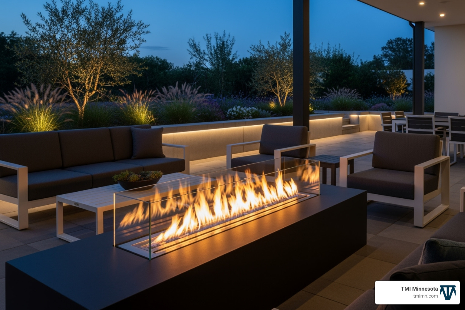 modern linear gas fireplace - innovative backyard ideas
