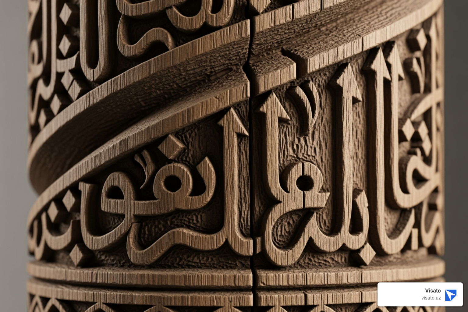 Detailed close-up of a carved pillar with Kufic script - Djuma Mosque Khiva Detailed close-up of a carved pillar with Kufic script - Djuma Mosque Khiva