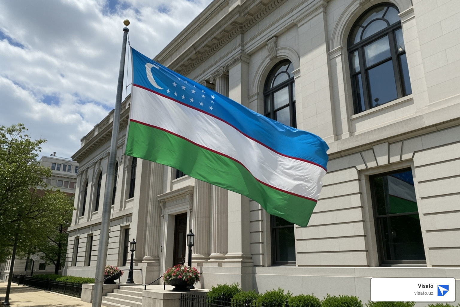 Exterior of an Uzbekistan embassy with national flag flying - uzbekistan online visa for afghanistan Exterior of an Uzbekistan embassy with national flag flying - uzbekistan online visa for afghanistan