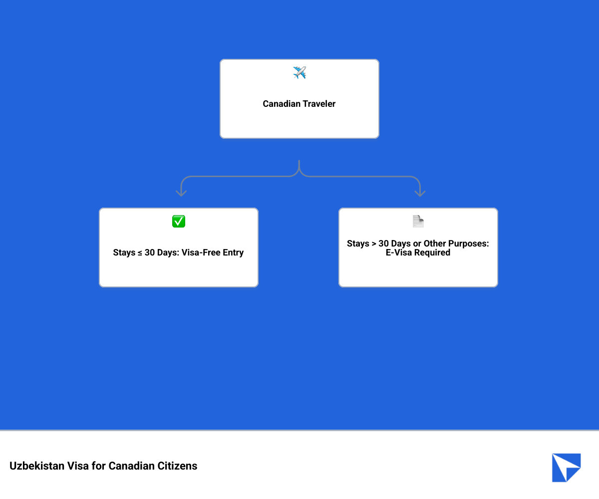Infographic showing the decision tree for Canadian travelers: 30 days or less equals visa-free entry with requirements (valid passport, return ticket, sufficient funds), while stays over 30 days or non-tourism purposes require an e-visa application with documents (passport scan, digital photo, application form, travel itinerary) and 2-3 business days processing time - uzbekistan visa application canada infographic hierarchy Infographic showing the decision tree for Canadian travelers: 30 days or less equals visa-free entry with requirements (valid passport, return ticket, sufficient funds), while stays over 30 days or non-tourism purposes require an e-visa application with documents (passport scan, digital photo, application form, travel itinerary) and 2-3 business days processing time - uzbekistan visa application canada infographic hierarchy