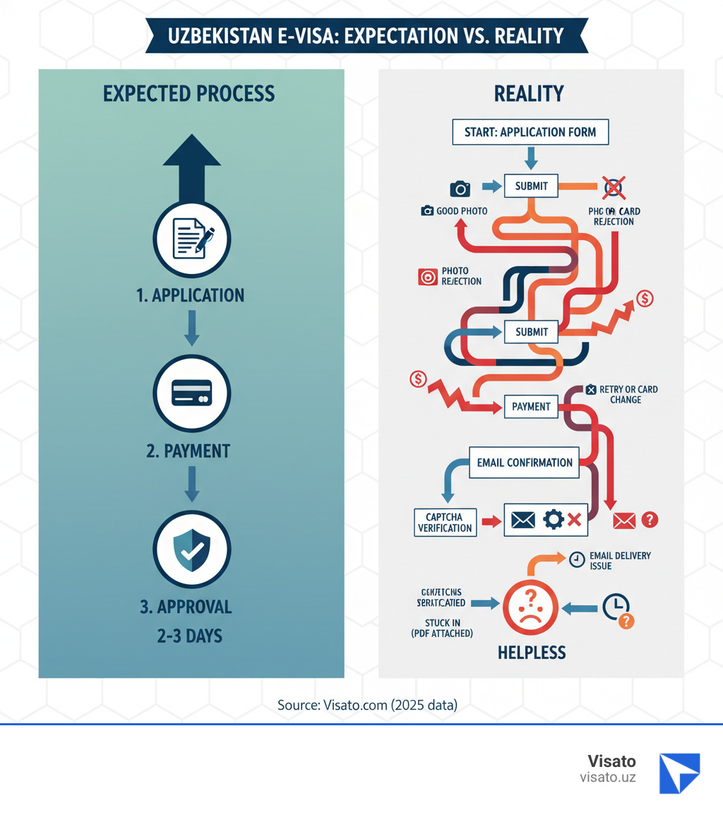 Infographic showing the e-visa application process: Expected process (simple 3-step flow with application, payment, and approval) versus Reality (complex flowchart with multiple error points including photo rejections, payment failures, CAPTCHA errors, email delivery issues, and processing delays) - Uzbekistan e-visa problems infographic  Infographic showing the e-visa application process: Expected process (simple 3-step flow with application, payment, and approval) versus Reality (complex flowchart with multiple error points including photo rejections, payment failures, CAPTCHA errors, email delivery issues, and processing delays) - Uzbekistan e-visa problems infographic