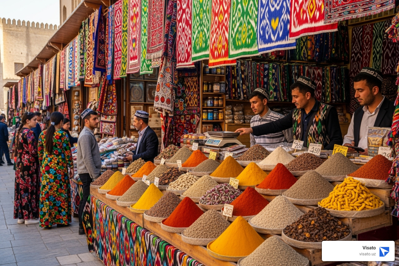 Traditional Uzbek market with colourful spices and textiles - uzbekistan visa application canada Traditional Uzbek market with colourful spices and textiles - uzbekistan visa application canada