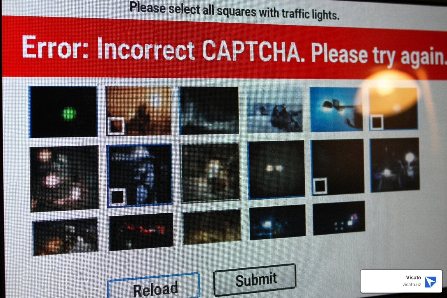 Computer screen showing a CAPTCHA error on the Uzbekistan e-visa website - Uzbekistan e-visa problems Computer screen showing a CAPTCHA error on the Uzbekistan e-visa website - Uzbekistan e-visa problems