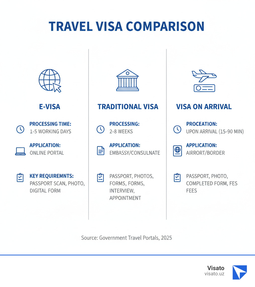 infographic showing comparison of e-visa vs traditional visa vs visa on arrival with processing times, application methods, and key requirements - How to get e-visa infographic  infographic showing comparison of e-visa vs traditional visa vs visa on arrival with processing times, application methods, and key requirements - How to get e-visa infographic