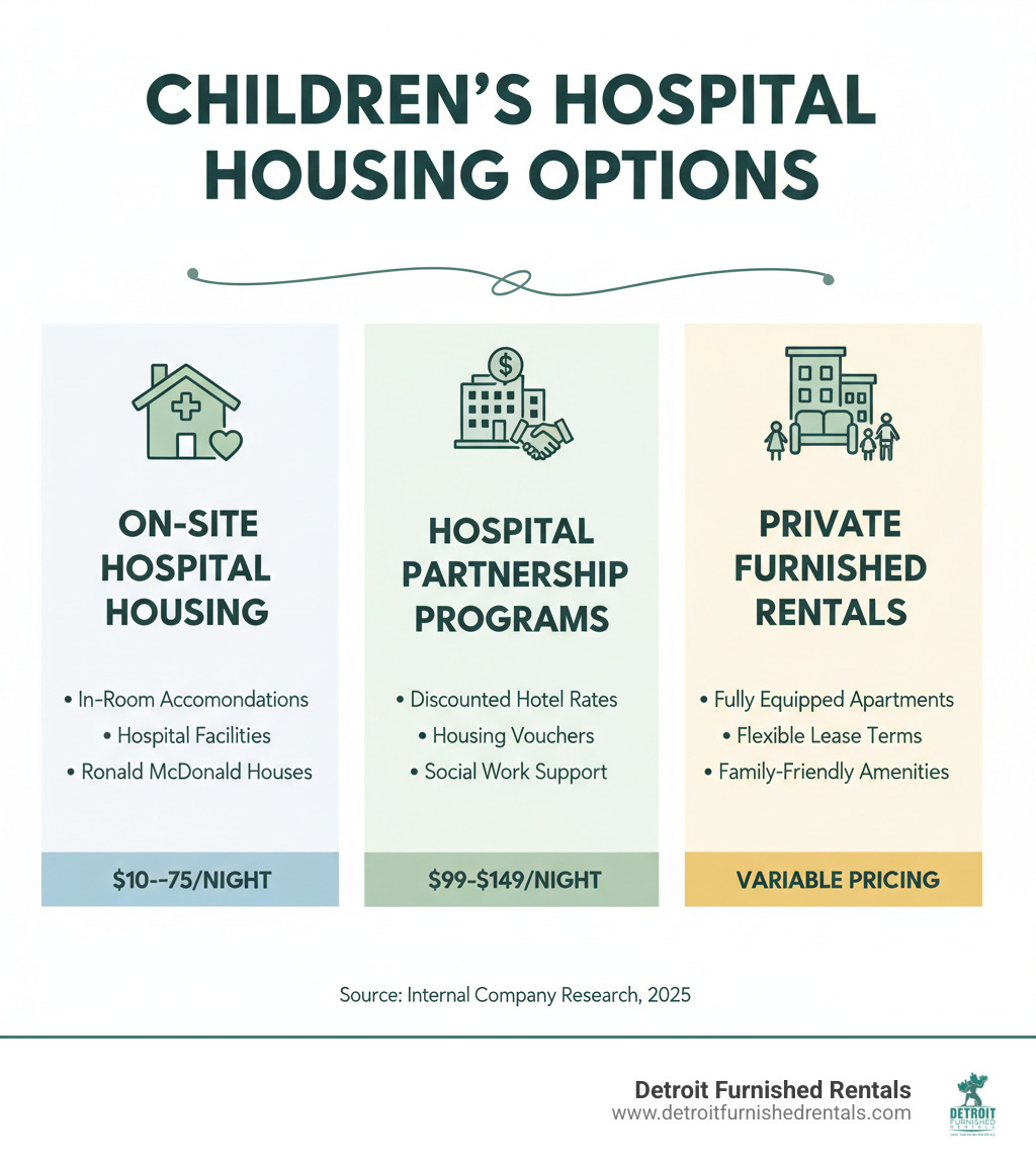 Infographic showing three main types of children's hospital housing: On-Site Hospital Housing (includes in-room accommodations, hospital-owned facilities, and Ronald McDonald Houses with rates of $10-$75/night), Hospital Partnership Programs (features discounted hotel rates, housing vouchers, and social work support with rates of $99-$149/night), and Private Furnished Rentals (offers fully equipped apartments, flexible lease terms, and family-friendly amenities with variable pricing based on length of stay) - Children's Hospital housing infographic 