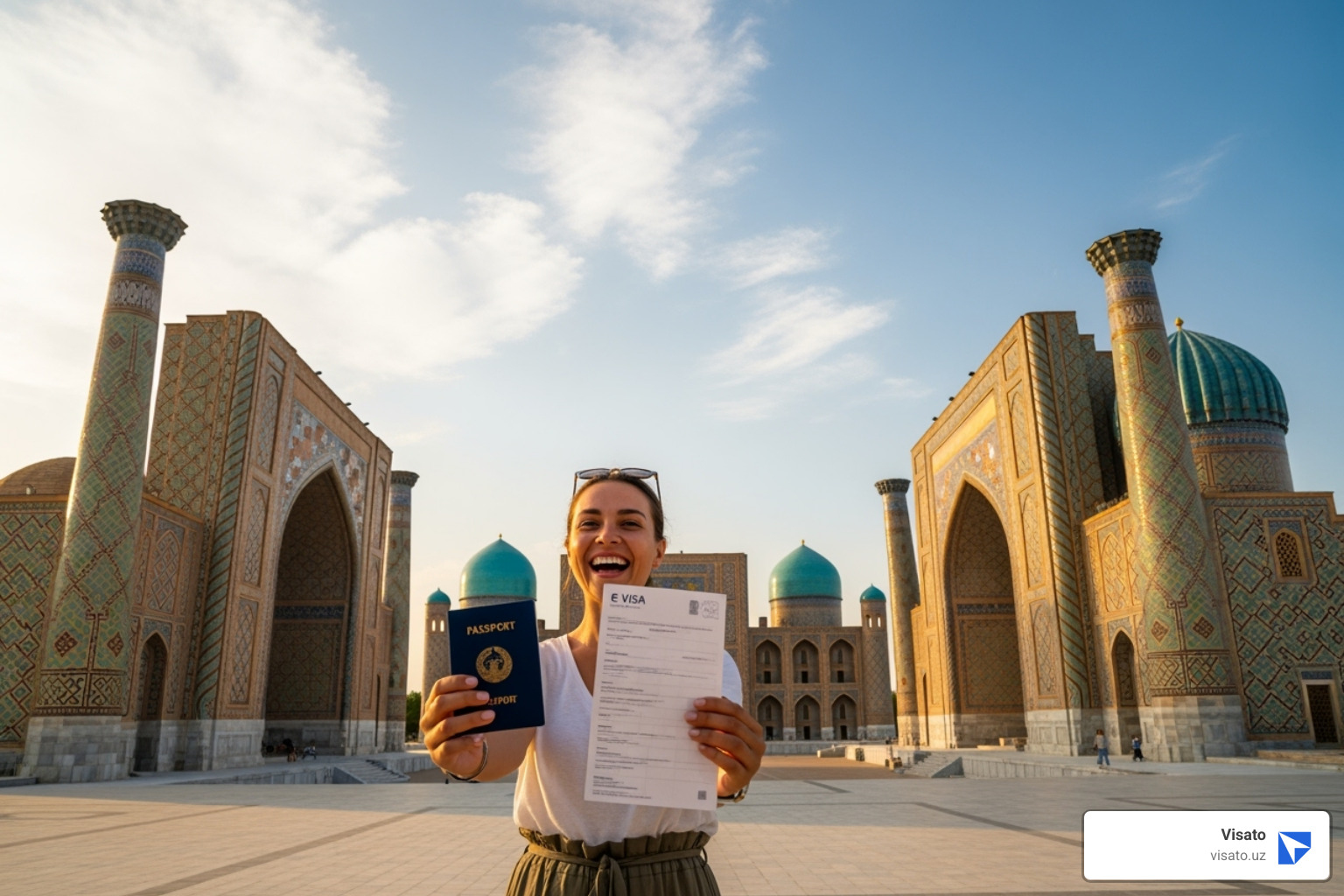 A joyful traveler holding a passport and a printed e-visa, smiling broadly in front of the majestic Registan Square in Samarkand. - uzbekistan e-visa fees A joyful traveler holding a passport and a printed e-visa, smiling broadly in front of the majestic Registan Square in Samarkand. - uzbekistan e-visa fees