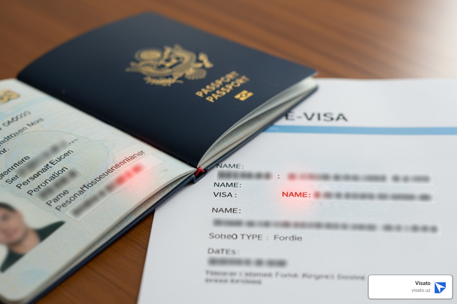 Passport and e-visa with mismatched names highlighted - Uzbekistan e-visa problems Passport and e-visa with mismatched names highlighted - Uzbekistan e-visa problems
