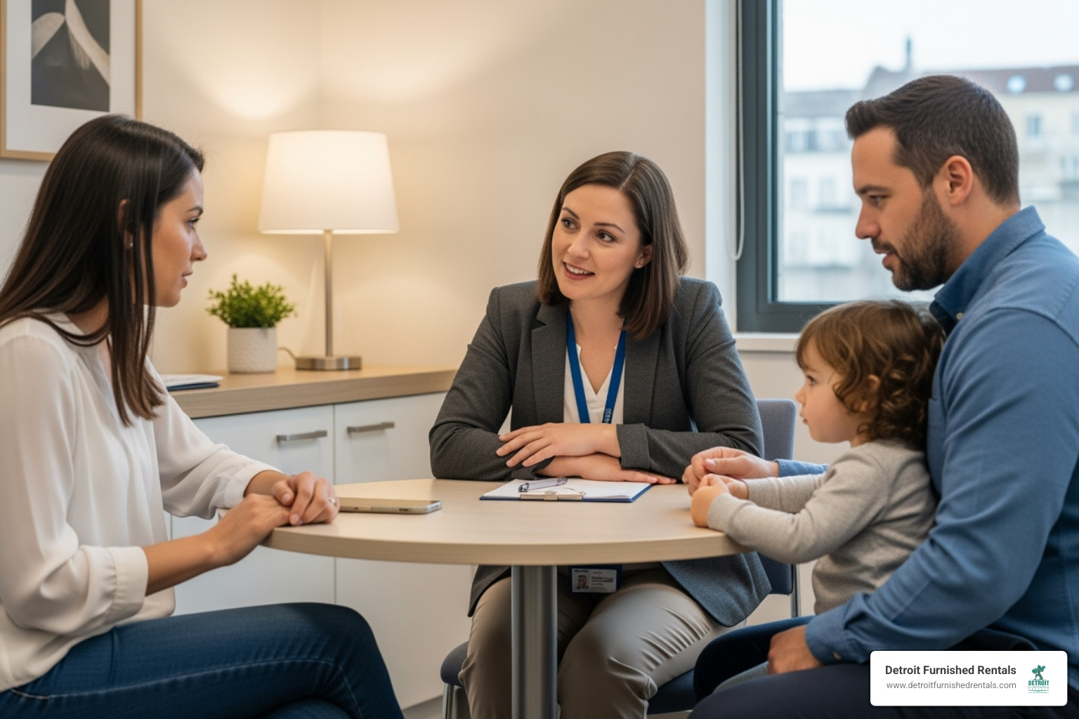 A hospital social worker meeting with a family - Children's Hospital housing