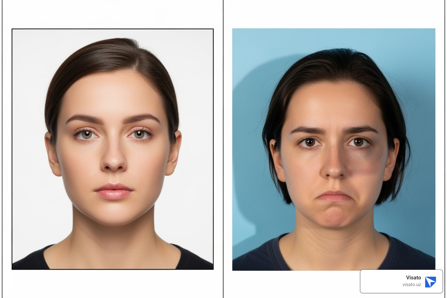 Comparison of a correctly formatted visa photo with a white background and correct dimensions next to an incorrectly formatted one with a colored background and shadows - formatting problem with online uzbekistan visa application Comparison of a correctly formatted visa photo with a white background and correct dimensions next to an incorrectly formatted one with a colored background and shadows - formatting problem with online uzbekistan visa application