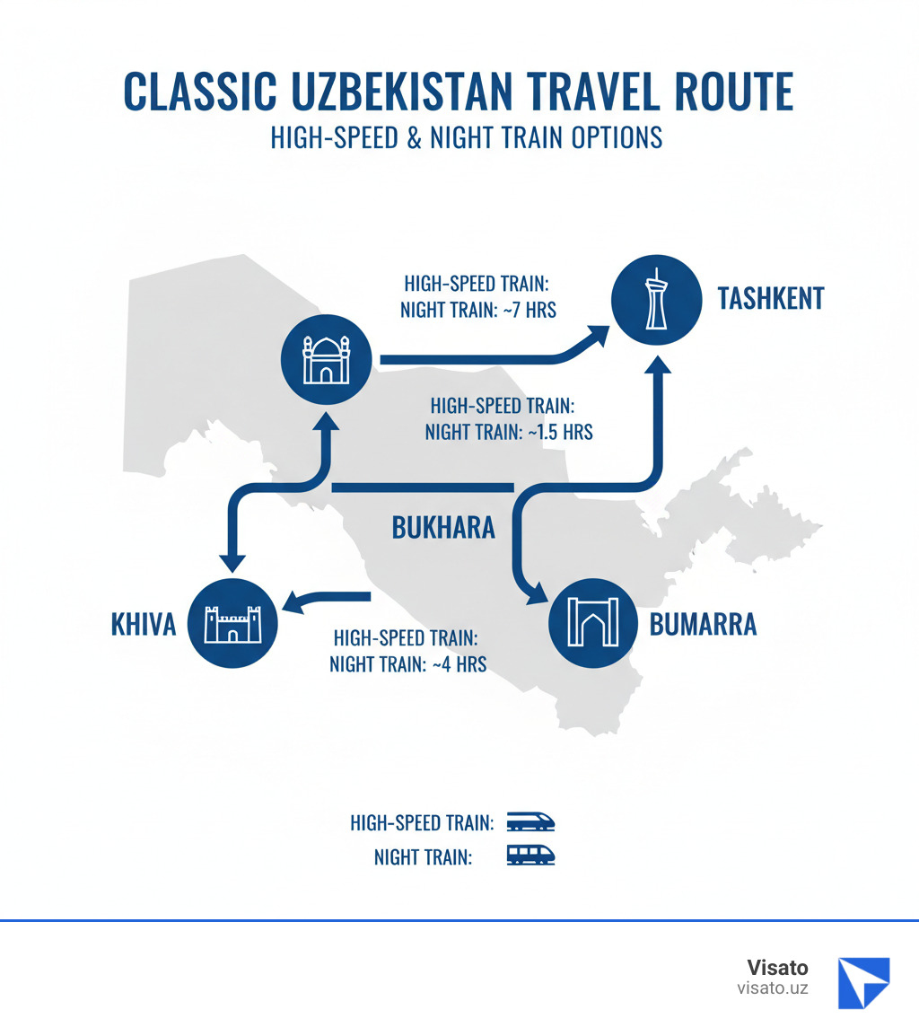 Infographic showing the classic Uzbekistan travel route map with major cities: Starting from Tashkent in the northeast, moving southwest to Samarkand, then west to Bukhara, and finally northwest to Khiva, with approximate travel times between each city by high-speed train and night train options - uzbekistan travel itinerary infographic  Infographic showing the classic Uzbekistan travel route map with major cities: Starting from Tashkent in the northeast, moving southwest to Samarkand, then west to Bukhara, and finally northwest to Khiva, with approximate travel times between each city by high-speed train and night train options - uzbekistan travel itinerary infographic
