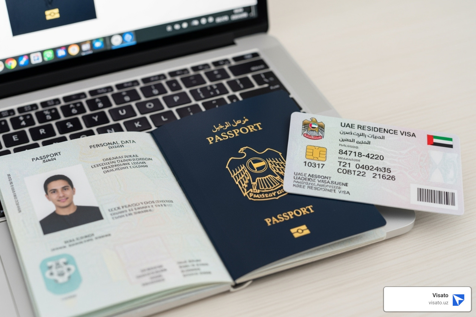 Passport, UAE residence visa card, and digital photo on a screen - uzbekistan visa application in dubai