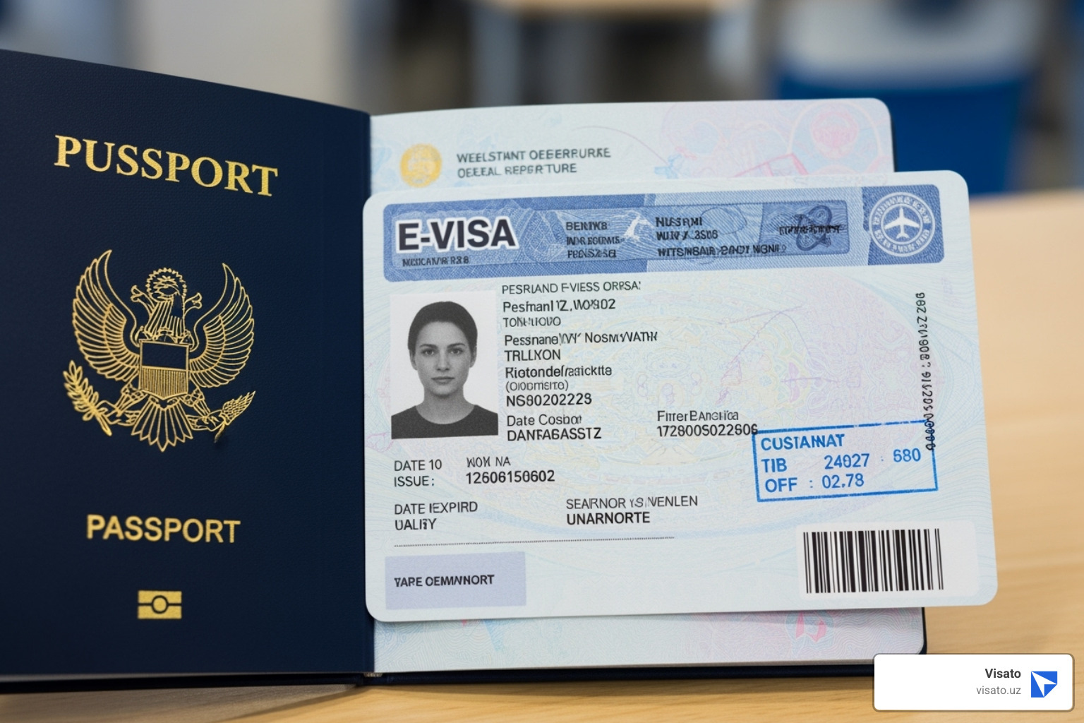 A passport open to a page with a printed e-visa document, ready for travel. - uzbekistan e-visa fees A passport open to a page with a printed e-visa document, ready for travel. - uzbekistan e-visa fees