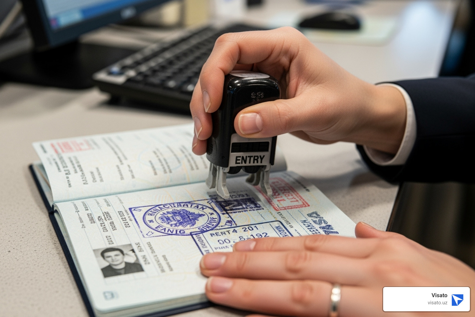 An immigration officer stamping a passport at an airport in Uzbekistan - uzbekistan visa fee for malaysian An immigration officer stamping a passport at an airport in Uzbekistan - uzbekistan visa fee for malaysian