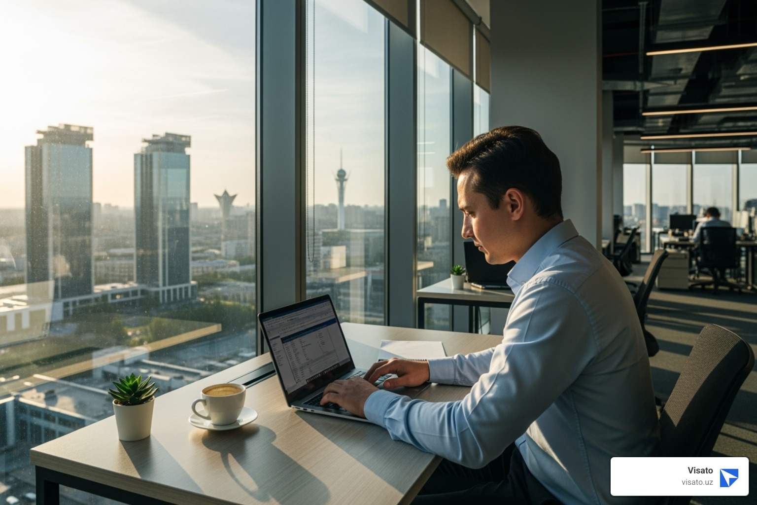 A person working on a laptop in a modern Tashkent office building - uzbekistan visa fee for malaysian A person working on a laptop in a modern Tashkent office building - uzbekistan visa fee for malaysian
