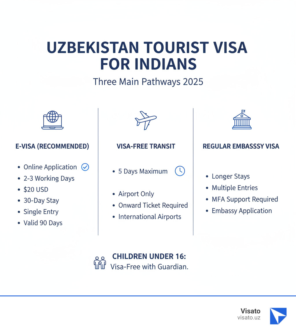 Infographic showing three main visa pathways for Indian citizens: e-Visa (online application, $20, 30-day stay), Visa-Free Transit (5 days, airport only, onward ticket required), and Regular Embassy Visa (longer stays, requires MFA support). Includes processing times, costs, and validity periods for each option. - uzbekistan tourist visa requirements for indian infographic  Infographic showing three main visa pathways for Indian citizens: e-Visa (online application, $20, 30-day stay), Visa-Free Transit (5 days, airport only, onward ticket required), and Regular Embassy Visa (longer stays, requires MFA support). Includes processing times, costs, and validity periods for each option. - uzbekistan tourist visa requirements for indian infographic